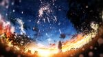  1girl absurdres blue_sky blurry blurry_foreground brown_hair clouds commentary_request field fireworks forest from_behind furi0831 grass highres long_hair nature original scenery silhouette sky solo standing star_(sky) starry_sky sunset tree twilight 