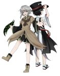  2others androgynous ascot black_hair black_sleeves brown_ascot brown_coat brown_footwear coat detached_sleeves enraku_tsubakura gap_(touhou) grey_eyes grey_hair hat highres houlen_yabusame large_hat layered_sleeves len&#039;en long_sleeves multiple_others puffy_short_sleeves puffy_sleeves short_hair short_hair_with_long_locks short_over_long_sleeves short_sleeves shorts sleeveless_coat smile tabi temshi top_hat white_sleeves wide_sleeves 