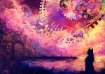  1girl animal_ears axleaki building chinese_commentary city clock clockwork clouds cloudy_sky colorful commentary_request dated facing_away fantasy gears highres long_hair night night_sky original outdoors scenery signature silhouette sky sky_focus solo steampunk twilight water 