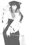  1girl absurdres arm_up blush bow closed_eyes commentary_request cowboy_shot facing_viewer gohei greyscale grin hair_bow hair_tubes hakurei_reimu happy highres holding holding_stick leaning_to_the_side long_hair long_sleeves monochrome reisende1969 scarf smile solo standing stick touhou very_long_hair wide_sleeves 