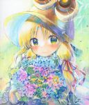  1girl absurdres acrylic_paint_(medium) blonde_hair bouquet brown_headwear closed_mouth green_background green_eyes highres holding holding_bouquet looking_at_viewer marker_(medium) medium_hair moriya_suwako painting_(medium) sidelocks smile solo torajirou_(toraneko_zirou) touhou traditional_media upper_body 