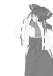  1girl absurdres blush bow closed_eyes closed_mouth commentary_request cowboy_shot greyscale hair_bow hair_tubes hakama hakurei_reimu hands_up highres japanese_clothes long_hair long_sleeves monochrome reisende1969 scarf simple_background solo touhou white_background wide_sleeves 