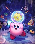 absurdres armor bandana bandana_waddle_dee bat_wings blush_stickers bouncy_sis_(kirby) bronto_burt cave colored_skin energy_sphere_(kirby) galaxia_(sword) highres holding holding_sword holding_weapon king_dedede kirby kirby&#039;s_return_to_dream_land kirby_(series) leafan looking_at_viewer magolor mask meta_knight no_humans pauldrons pink_skin pom_pom_(clothes) shoulder_armor smile solid_oval_eyes sparkle stalactite suyasuyabi sword twitter_username v weapon wings yellow_eyes 