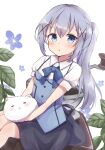  1girl :&lt; black_skirt blue_bow blue_bowtie blue_eyes blue_hair blue_shirt blush bow bowtie collared_shirt colon_br dutch_angle feet_out_of_frame from_side gochuumon_wa_usagi_desu_ka? hair_between_eyes hair_ornament half_updo highres kafuu_chino layered_shirt long_hair looking_at_viewer open_mouth plant ponytail raised_eyebrows shirt short_sleeves sidelocks simple_background sitting skirt sleeveless sleeveless_shirt solo tippy_(gochiusa) white_background white_shirt x_hair_ornament 