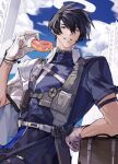 1boy arknights black_eyes black_hair blue_shirt blue_sky chexiuxiuxiu clouds cloudy_sky commentary_request day doughnut food gloves grin hair_between_eyes halo hand_on_own_hip hand_up headset highres holding holding_food insider_(arknights) looking_at_viewer male_focus one_eye_closed outdoors shirt short_sleeves sky smile solo white_gloves