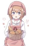 1girl :d absurdres apron baguette basket blush bread brown_hair colon_br cowboy_shot food gochuumon_wa_usagi_desu_ka? hair_between_eyes hair_ornament hairclip highres holding holding_basket hoto_cocoa long_sleeves looking_at_viewer neck_ribbon open_mouth pink_apron potato raised_eyebrows red_headwear red_ribbon ribbon sailor_collar shirt short_hair sidelocks simple_background smile solo straight-on violet_eyes white_background white_sailor_collar white_shirt wicker_basket 