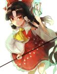 1girl ascot bare_shoulders black_hair bow detached_sleeves feet_out_of_frame gohei hair_bow hair_tubes hakurei_reimu highres hikage_(0hi_kageo) holding holding_gohei japanese_clothes long_hair nontraditional_miko ofuda red_bow red_eyes red_skirt ribbon-trimmed_sleeves ribbon_trim sidelocks simple_background skirt solo touhou unfinished_dream_of_all_living_ghost white_background white_sleeves wide_sleeves yellow_ascot 