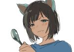  1girl animal_ears black_hair blue_shirt blush cat_ears closed_mouth green_eyes highres holding holding_spoon idolmaster idolmaster_cinderella_girls kakeami maekawa_miku shirt short_hair simple_background solo spoon sweatdrop upper_body v-shaped_eyebrows white_background 