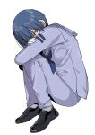 1boy black_footwear blue_hair blue_neckerchief blue_pants blue_shirt commentary_request employee_(lobotomy_corporation) grey_eyes hugging_own_legs lobotomy_corporation long_sleeves male_focus medu_(rubish) neckerchief pants project_moon sailor sailor_collar sailor_shirt shirt shoes short_hair simple_background sitting solo white_background 