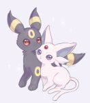  :o closed_mouth commentary_request espeon forehead_jewel grey_background highres ichino_cco looking_at_viewer no_humans pokemon pokemon_(creature) red_eyes twitter_username umbreon violet_eyes watermark 