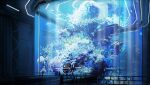  1girl aquarium blue_theme commentary_request coral coral_reef fish haru_akira indoors light original railing scenery science_fiction silhouette solo water wide_shot 