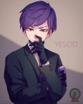  1boy armband black_gloves black_jacket brown_eyes character_name closed_mouth collared_shirt commentary_request gloves hand_on_own_face highres jacket lobotomy_corporation lobotomy_corporation_logo male_focus matsuba_(mtbsbr721) necktie project_moon purple_armband purple_hair purple_necktie shirt short_hair solo upper_body white_shirt yesod_(project_moon) 