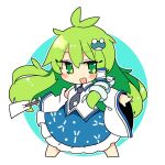  1girl bare_shoulders barefoot blue_skirt blush detached_sleeves frog_hair_ornament full_body gohei green_eyes green_hair hair_between_eyes hair_ornament hair_tubes highres holding holding_gohei ini_(inunabe00) japanese_clothes kochiya_sanae long_hair nontraditional_miko open_mouth skirt smile snake_hair_ornament solo touhou white_sleeves wide_sleeves 
