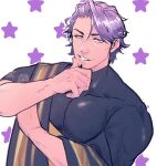  1boy black_shirt duryodhana_(fate) earrings facial_hair fate/grand_order fate_(series) gas_pai goatee highres jewelry looking_at_viewer male_focus mature_male muscular muscular_male necklace pectorals purple_hair sash shirt short_hair shoulder_sash solo starry_background violet_eyes white_background 