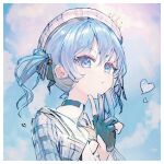  1girl black_choker black_gloves black_ribbon blue_background blue_eyes blue_hair blue_sky blush choker clouds cloudy_sky collared_shirt crown eyelashes gloves hair_between_eyes hair_ribbon hand_up heart hololive hoshimachi_suisei hoshimachi_suisei_(1st_costume) jacket karyln long_sleeves looking_at_viewer mini_crown partially_fingerless_gloves plaid plaid_headwear plaid_jacket ribbon shirt sky solo tilted_headwear upper_body virtual_youtuber 