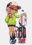  &gt;:) 1girl :3 absurdres arm_up bandaid bandaid_on_knee bandaid_on_leg bare_legs baseball_cap blush can closed_mouth domino_mask drawstring full_body hand_rest hand_up hat highres holding holding_can inkling inkling_girl jacket long_sleeves looking_at_viewer mask medium_hair multicolored_hair pink_hair pointy_ears puchiman shoes shorts sleeves_past_wrists soda_can solo splatoon_(series) standing standing_on_one_leg tan tentacle_hair v v-shaped_eyebrows zipper zipper_pull_tab 