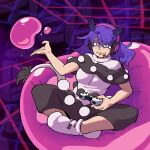  1girl :3 absurdres animal_ears arm_up bare_arms bean_bag_chair black_bow black_capelet black_skirt blob blue_eyes blue_hair blush bow bow_legwear breasts capelet closed_mouth commentary commission controller doremy_sweet dress eddybird55555 english_commentary floating_hair full_body furrowed_brow game_console game_controller hair_between_eyes headset highres holding holding_controller holding_game_controller indian_style light_particles long_hair looking_at_viewer medium_breasts messy_hair microphone no_headwear no_shoes playstation_5 playstation_logo pom_pom_(clothes) purple_background raised_eyebrow short_sleeves sitting skirt smug socks solo tail tapir_ears tapir_tail touhou white_dress 
