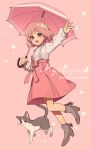 1girl :d aren_(fubuki-46) blush brown_footwear cat commentary_request flower full_body hair_flower hair_ornament high_heels highres holding holding_umbrella long_sleeves looking_at_viewer makanon_records masaki_kanon open_mouth outstretched_arm pink_background pink_hair pink_ribbon pink_skirt pink_umbrella ribbon shirt short_hair skirt smile solo sparkle standing star_(symbol) umbrella violet_eyes white_shirt 