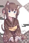  absurdres animal_ear_fluff animal_ears blue_eyes blush brown_hair brown_kimono cat_ears cat_girl cat_tail checkered_background closed_mouth colon_br cowboy_shot egasumi floral_print hair_between_eyes hair_bun hair_ornament highres japanese_clothes kanzashi kimono long_sleeves looking_at_viewer new_year obi original own_hands_together print_kimono raised_eyebrows sash short_hair_with_long_locks smile tail wide_sleeves 