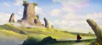  1other cloak clouds cloudy_sky commentary_request day fantasy field flower fog from_behind grass haru_akira highres landscape original outdoors red_cloak ruins scenery shadow sky solo standing wide_shot yellow_flower 