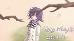  1boy bai_mao branch buttons checkered_clothes checkered_scarf closed_mouth danganronpa_(series) danganronpa_v3:_killing_harmony dated double-breasted hair_between_eyes happy_birthday highres jacket long_sleeves looking_at_viewer male_focus oma_kokichi petals purple_hair scarf short_hair smile solo 