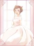  1girl :d animal_ears blue_eyes breasts brown_hair dress flymeteor gloves hand_up heterochromia indoors looking_at_viewer pixiv_fantasia pixiv_fantasia_scepter_of_zeraldia short_hair small_breasts smile solo standing violet_eyes white_dress white_gloves window 