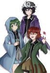  3others androgynous black_eyes black_hair black_shirt blue_jacket green_eyes green_hair green_jacket hat highres hood hood_up hooded_jacket jacket len&#039;en mob_cap multiple_others puffy_shorts purple_jacket redhead shirt shitodo_aoji shitodo_hooaka shitodo_kuroji short_hair shorts siblings temshi triangular_headpiece violet_eyes white_shorts wide_sleeves 