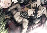  1boy :d arm_up black_hair buttons cake card checkered_clothes checkered_scarf danganronpa_(series) danganronpa_v3:_killing_harmony food fork fruit grey_pants hair_between_eyes highres holding holding_fork long_sleeves looking_at_viewer looking_up male_focus medium_hair oma_kokichi open_mouth pants playing_card ribbon scarf shoes sitting smile solo strawberry table teeth violet_eyes wa_noko 