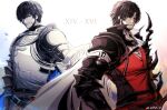  2boys beard_stubble black_hair cape clive_rosfield crossover final_fantasy final_fantasy_xiv final_fantasy_xvi looking_at_viewer multiple_boys red_shirt shirt short_hair side-by-side square_enix warrior_of_light_(ff14) white_armor white_background zehrine 