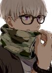  1boy adjusting_clothes bespectacled closed_mouth commentary_request facial_tattoo glasses inumaki_toge jujutsu_kaisen male_focus nori20170709 short_hair simple_background solo tattoo twitter_username violet_eyes watch watch white_background white_hair 