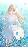  1girl :d absurdres blonde_hair blue_butterfly blue_eyes blue_flower bracelet bug butterfly clothes_lift collarbone dress dress_lift field flower flower_field fujizarashi full_body hair_between_eyes hair_flower hair_ornament hand_in_own_hair highres jewelry long_hair looking_at_viewer nemophila_(flower) off-shoulder_dress off_shoulder open_mouth original petals smile solo standing white_dress 