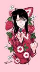  1boy artist_name black_eyes black_hair closed_mouth cropped_torso dart dated eyelashes fingernails flower food fruit highres holding_dart ichijou_seiya joukyou_seikatsuroku_ichijou kaiji long_hair long_sleeves looking_at_viewer male_focus medium_bangs one_eye_closed pink_background red_nails red_shirt shirt smile solo strawberry turtleneck unknown03162 upper_body white_flower 