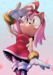  1girl absurdres amy_rose artist_name bleachedhart blue_sky boots dress falling_petals gloves green_eyes highres petals pink_dress sky solo sonic_(series) watermark white_gloves 