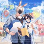 2boys absurdres animal_ears arknights balloon bear_ears black_hair black_pants black_shirt blue_hair blue_sky brown_eyes brown_hairband carrying carrying_under_arm cellphone clouds commentary_request day drawstring fake_animal_ears ferris_wheel grey_jacket hair_between_eyes hairband highres holding holding_phone holding_stuffed_toy hood hood_down hooded_jacket jacket long_sleeves looking_at_viewer lumen_(arknights) male_focus mask mouth_mask multicolored_hair multiple_boys o8622 open_clothes open_jacket outdoors pants parted_bangs phone pointy_ears rabbit_ears see-through shirt sky smile stuffed_toy stuffed_whale surgical_mask two-tone_hair ulpianus_(arknights) v white_shirt wide_sleeves 