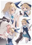  1girl ;d alice_(alice_in_wonderland) alice_in_wonderland animal animal_ear_hairband animal_on_hand blonde_hair blue_coat blue_collar blue_eyes blue_footwear blue_hairband blue_ribbon blue_skirt blush_stickers coat coattails collar collared_shirt dog dog_girl from_side full_body grey_background hairband highres holding holding_stick licking licking_another&#039;s_cheek licking_another&#039;s_face multiple_views one_eye_closed open_mouth oversized_animal paw_pose petting pleated_skirt puffy_short_sleeves puffy_sleeves ribbon shirt short_sleeves simple_background skirt sleeveless sleeveless_coat smile stick tail thigh-highs upper_body wakuseiy white_shirt white_thighhighs 