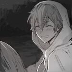  1boy blush closed_eyes drawstring earrings english_commentary grin hair_between_eyes highres hood hood_up jewelry juicelooped male_focus monochrome multicolored_hair out_of_frame outdoors project_sekai shinonome_akito short_hair smile streaked_hair teeth two_side_up upper_body 