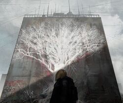  1other absurdres bird black_jacket blonde_hair building clouds cloudy_sky commentary_request day floating_hair graffiti haru_akira highres jacket mural original outdoors partial_commentary power_lines railing scenery shadow sky solo standing tree upper_body wall wide_shot 