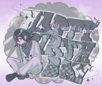  1boy black_hair buttons character_name checkered_clothes checkered_scarf closed_mouth danganronpa_(series) danganronpa_v3:_killing_harmony dated double-breasted english_text flipped_hair grey_jacket grey_pants hair_between_eyes happy_birthday jacket multiple_views oma_kokichi pants pink_eyes pisapipi scarf shoes sitting smile 