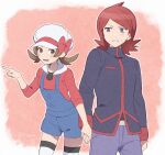  1boy 1girl 50gjuu blue_overalls blush brown_eyes brown_hair commentary_request cowlick hat highres holding_hands jacket long_hair long_sleeves looking_at_viewer lower_teeth_only lyra_(pokemon) open_mouth overalls pants pointing pokemon pokemon_(game) pokemon_hgss redhead shirt silver_(pokemon) sleeves_past_elbows sweatdrop teeth thigh-highs tongue twintails white_headwear white_thighhighs 