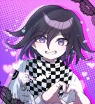  1boy black_hair checkered_clothes checkered_scarf danganronpa_(series) danganronpa_v3:_killing_harmony grin hair_between_eyes hands_up heart heart_hands highres jacket lace long_sleeves male_focus oma_kokichi pink_background pink_eyes sacchan_happy scarf smile solo teeth white_jacket 