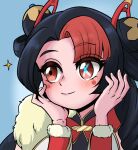  1girl black_hair blush closed_mouth double_bun fur_bracelet gradient_background gwen_(league_of_legends) hair_bun hair_ornament hands_up highres league_of_legends long_hair long_sleeves multicolored_hair mythmaker_gwen nanao_gan portrait red_eyes redhead smile solo sparkle two-tone_hair 