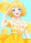  1girl aqua_background aqua_eyes bare_shoulders blonde_hair blush dress earrings food food-themed_earrings fruit hair_between_eyes hair_ornament hair_ribbon hairband highres jewelry lemon lemon_earrings open_mouth original pochimaru_(marumaru_wanwan) ribbon short_hair skirt smile solo yellow_dress yellow_skirt 