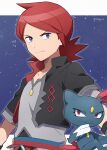  1boy 50gjuu belt closed_mouth collarbone commentary_request cowlick grey_shirt highres jacket long_hair looking_at_viewer male_focus official_alternate_costume open_clothes open_jacket pokemon pokemon_(creature) pokemon_(game) pokemon_masters_ex redhead shirt silver_(pokemon) silver_(sygna_suit)_(pokemon) smile sneasel twitter_username upper_body violet_eyes watermark 