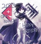  1boy 2023 absurdres black_cape black_headwear buttons cape character_name checkered_clothes checkered_scarf danganronpa_(series) danganronpa_v3:_killing_harmony dated double-breasted feet_out_of_frame flipped_hair grin hair_between_eyes hand_up happy_birthday hat highres holding holding_clothes holding_hat jacket kokonoe_mituru multicolored_background oma_kokichi pants purple_cape purple_hair scarf smile solo teeth torn_cape torn_clothes violet_eyes white_jacket white_pants 