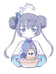  1girl blue_archive blush butterfly_hair_ornament carrot china_dress chinese_clothes cooking_pot cropped_torso double_bun dress ekoru expressionless food grey_eyes grey_hair hair_bun hair_ornament halo kisaki_(blue_archive) looking_at_viewer oven_mitts sketch solo twintails 