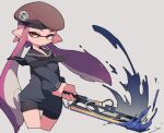  1girl bike_shorts black_neckerchief black_sailor_collar brown_eyes brown_headwear grey_background hat holding holding_weapon inkling inkling_girl long_hair long_sleeves looking_at_viewer neckerchief pointy_ears purple_hair sailor_collar shimazaki1152 simple_background solo splatana_wiper_(splatoon) splatoon_(series) splatoon_3 tentacle_hair twintails very_long_hair weapon 