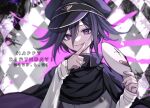  1boy black_cape black_headwear blood buttons cape checkered_background danganronpa_(series) danganronpa_v3:_killing_harmony dated grey_jacket hair_between_eyes hands_up happy_birthday highres holding holding_mask index_finger_raised jacket long_sleeves mask oma_kokichi pink_blood pink_eyes sakura_ichi smile solo teeth upper_body 