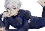  1boy barefoot blue_lock bright_pupils closed_mouth commentary_request feet_up grey_eyes long_sleeves lying male_focus nagi_seishirou nori20170709 on_stomach short_hair sideways_glance simple_background solo sportswear twitter_username white_background white_hair white_pupils 