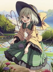  1girl :d black_headwear commentary_request flower frilled_skirt frills green_eyes green_hair green_skirt hat hat_ribbon heart heart_of_string highres kinoniku komeiji_koishi long_sleeves open_mouth outdoors ribbon shirt short_hair skirt sky sly smile solo third_eye touhou wide_sleeves yellow_ribbon yellow_shirt yellow_sky 