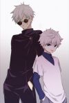  2boys :p absurdres black_jacket black_pants blue_eyes blue_shirt cowboy_shot crossover gojou_satoru grey_pants grin guribato hands_in_pockets highres hunter_x_hunter jacket jujutsu_kaisen jujutsu_tech_uniform killua_zoldyck long_sleeves looking_at_viewer male_focus multiple_boys pants round_eyewear shirt short_hair smile standing sunglasses teeth tongue tongue_out white_background white_hair white_shirt 